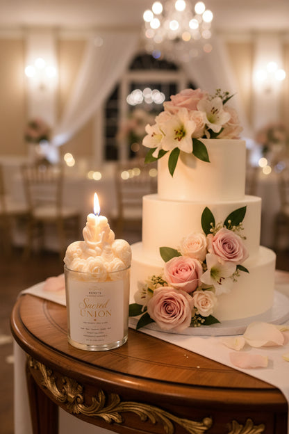 Romantic wedding candle beside white tiered wedding cake decorated with blush roses and greenery
