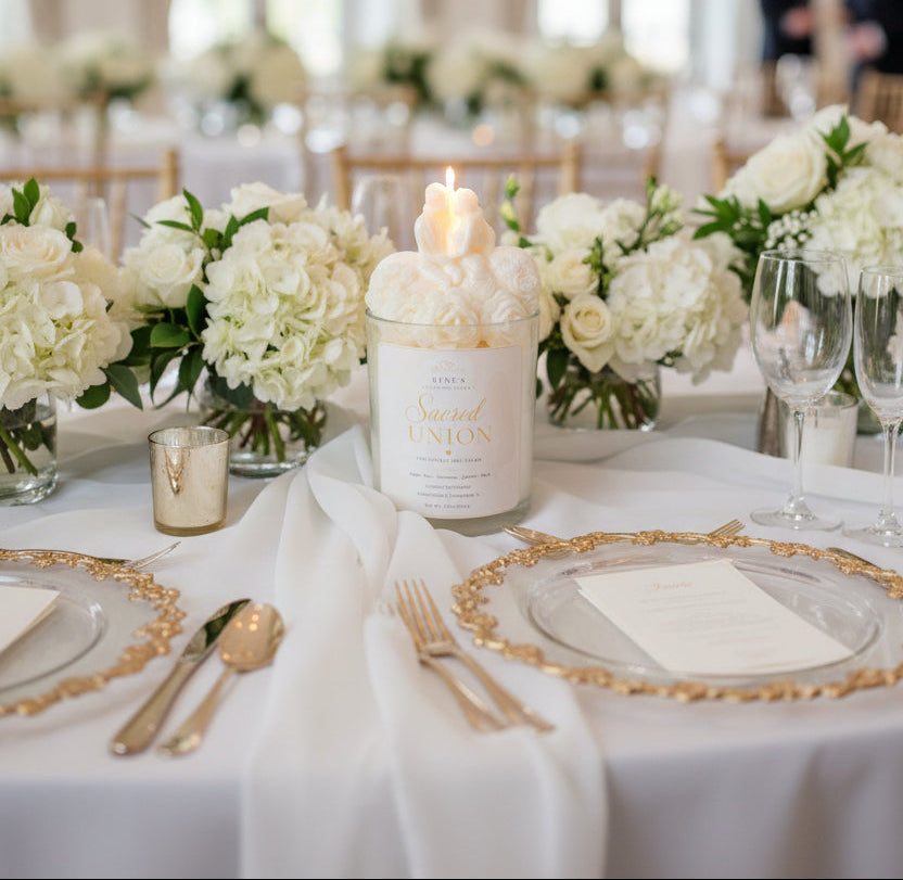 Wedding candle with bride and groom topper displayed on ornate gold tray with white flowers and elegant table décor