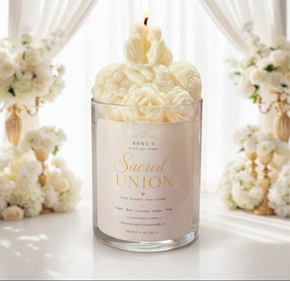Bride and groom candle in glass jar with sculpted roses, glowing flame, white roses, and soft warm lights in background
