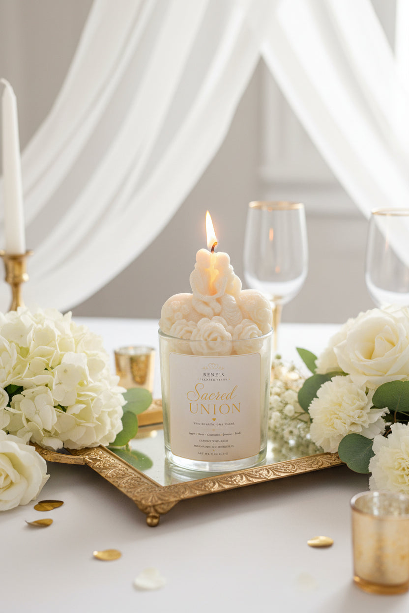 Sacred Union wedding candle displayed on ornate gold tray with white florals and romantic reception-inspired décor