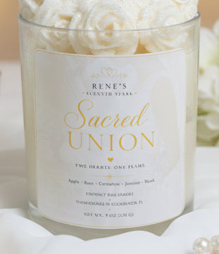 Close up of sacred union wedding candle label