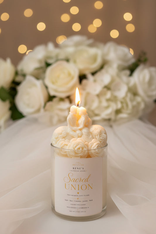 Sacred Union romantic wedding candle with bride and groom topper, white roses, and warm glowing lights