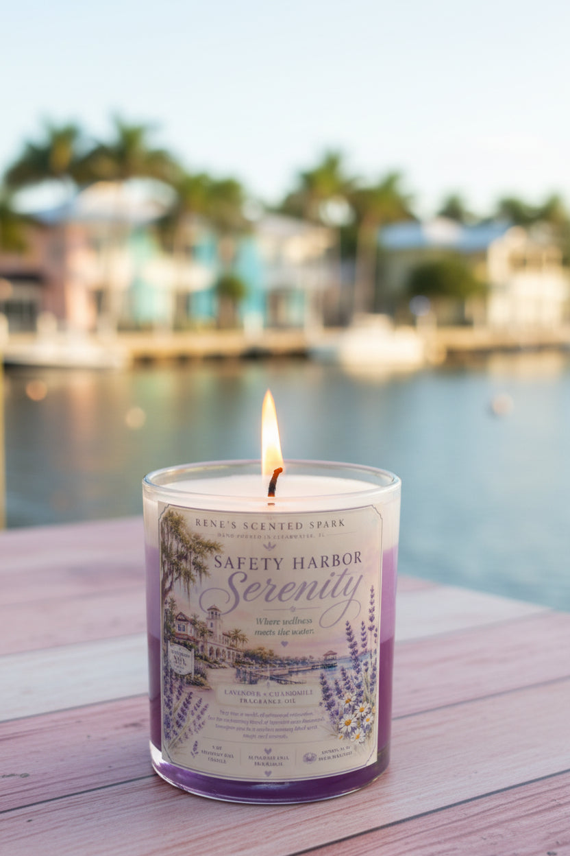Lit Safety Harbor Serenity lavender coconut wax candle by Rene's Scented Spark displayed on a waterfront table overlooking a peaceful Florida marina with palm trees and colorful coastal homes.