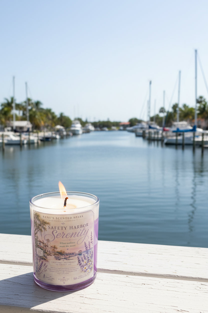 Lit Safety Harbor Serenity lavender coconut wax candle by Rene's Scented Spark displayed on a waterfront dock overlooking a calm marina with sailboats and palm trees.