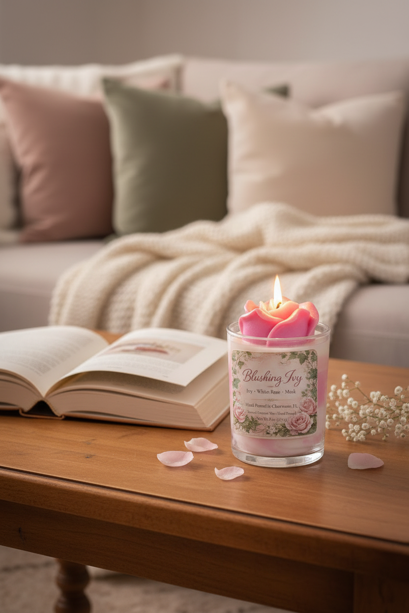 Lit Blushing Ivy coconut wax candle by Rene's Scented Spark with a pink rose wax topper, displayed beside an open book, rose petals, and baby's breath flowers in a cozy living room.