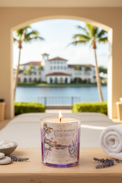 Lit Safety Harbor Serenity lavender coconut wax candle by Rene's Scented Spark displayed beside rolled spa towels and lavender with a peaceful waterfront resort view in the background.