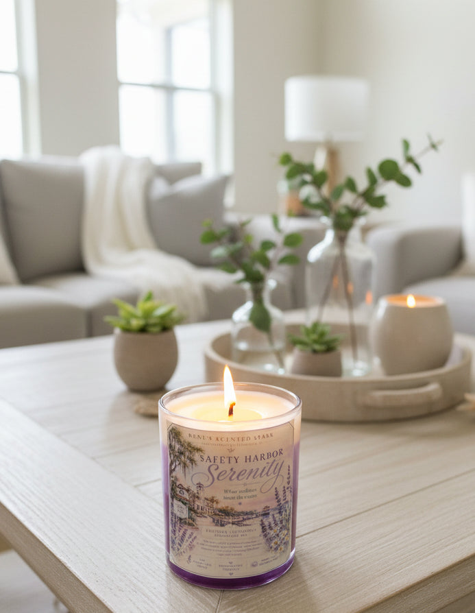 Lit Safety Harbor Serenity lavender coconut wax candle by Rene's Scented Spark displayed on a living room coffee table with greenery and modern décor, creating a peaceful spa-inspired atmosphere.