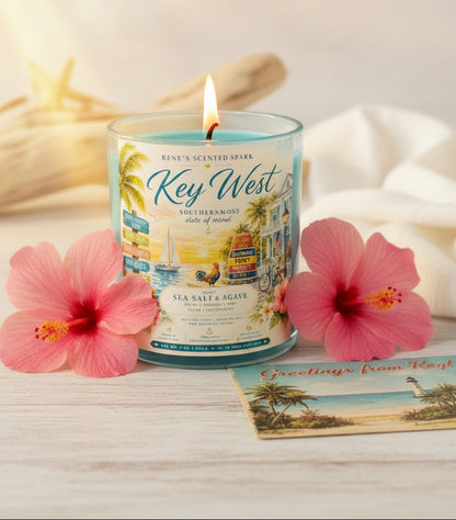 Key West sea salt and agave coconut wax candle for coastal home decor — 45 to 50 hour burn time, phthalate-free