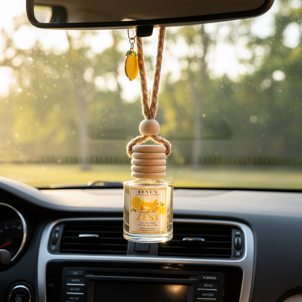 Simply the Zest lemon cake and vanilla car freshener by Rene’s Scented Spark hanging from a rearview mirror in a sunlit car. 🍋🚗