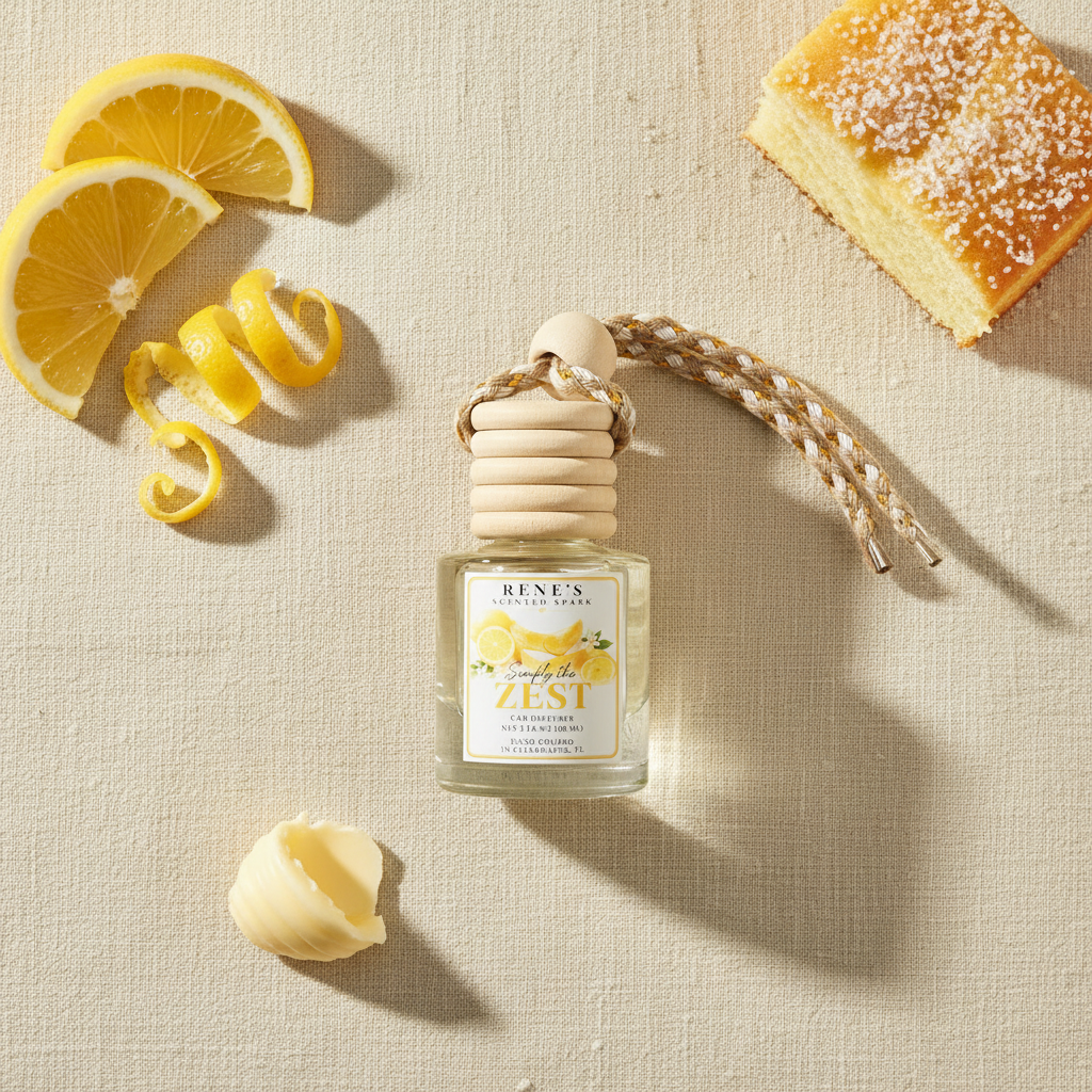 Simply the Zest lemon cake and vanilla car freshener by Rene’s Scented Spark styled with fresh lemon slices, lemon peel, butter, and cake. 🍋🍰