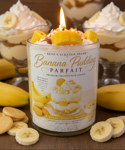 Banana pudding candle with a lit wick, surrounded by banana slices and a dessert in the background.