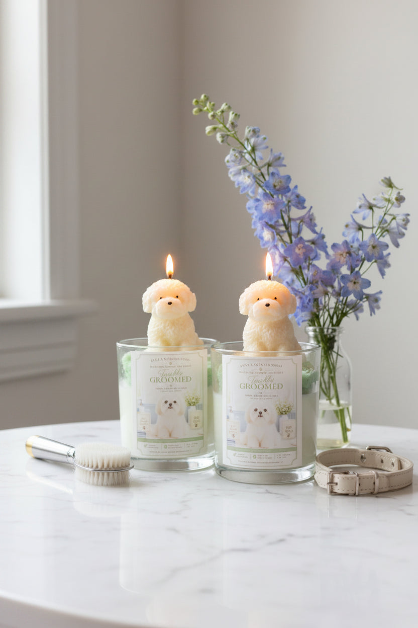 Two lit candles with dog-shaped figures on a marble surface, surrounded by flowers and a dog collar.