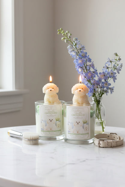 Two lit candles with dog-shaped figures on a marble surface, surrounded by flowers and a dog collar.