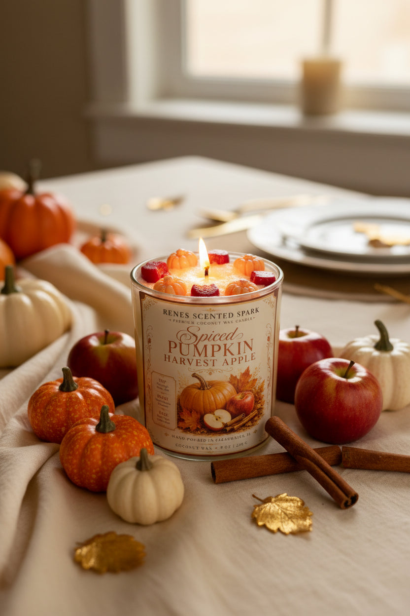 Spiced Pumpkin Harvest Apple coconut wax candle styled on an elegant fall table with red apples, mini pumpkins, cinnamon sticks, and gold autumn accents.