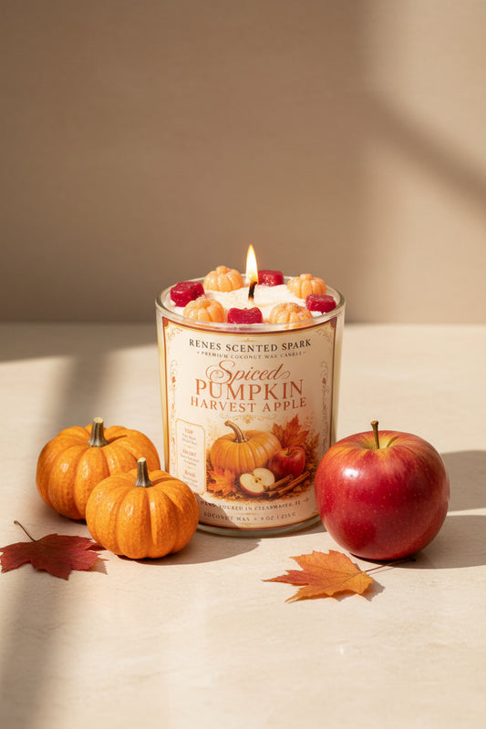 Spiced Pumpkin Harvest Apple coconut wax candle with pumpkin and apple wax toppers, displayed with mini pumpkins, a red apple, and autumn leaves.