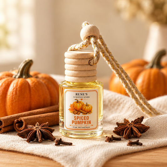 Close-up of Spiced Pumpkin hanging car freshener by Renes Scented Spark with wooden diffuser cap, styled with pumpkins and autumn leaves.