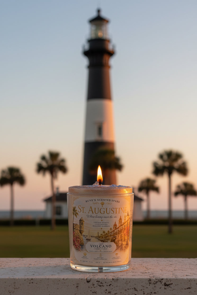 Lit St. Augustine coconut wax candle by Rene's Scented Spark displayed in front of the St. Augustine Lighthouse at sunset, featuring a vintage-inspired city label and hand-poured glass jar.