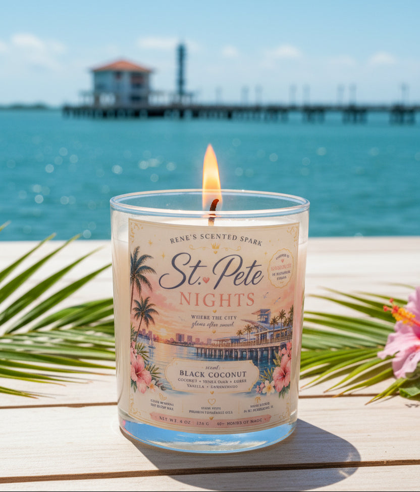 St. Pete Nights Black Coconut Candle with St. Pete Pier waterfront in the background, hand-poured coconut wax candle made in Clearwater, Florida.