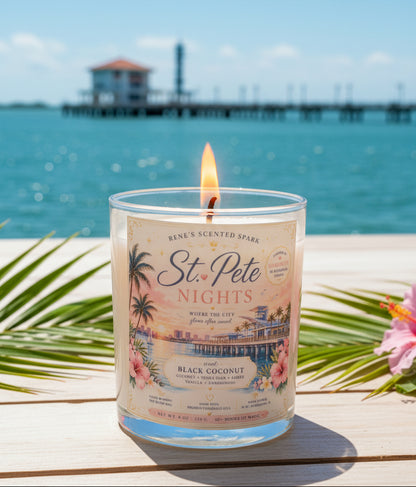 St. Pete Nights Black Coconut Candle with St. Pete Pier waterfront in the background, hand-poured coconut wax candle made in Clearwater, Florida.