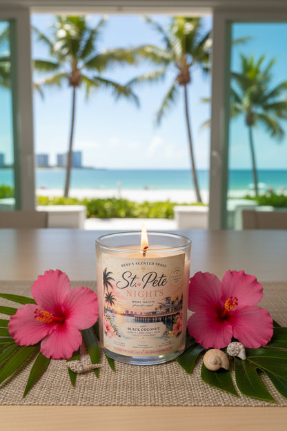 Lit St. Pete Nights Black Coconut coconut wax candle by Rene's Scented Spark displayed with pink hibiscus flowers and seashells overlooking a sunny Florida beach with palm trees and turquoise water.