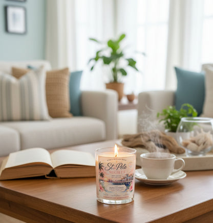 Lit St. Pete Nights Black Coconut coconut wax candle by Rene's Scented Spark on a living room coffee table beside an open book and a cup of coffee, creating a cozy Florida-inspired home atmosphere.