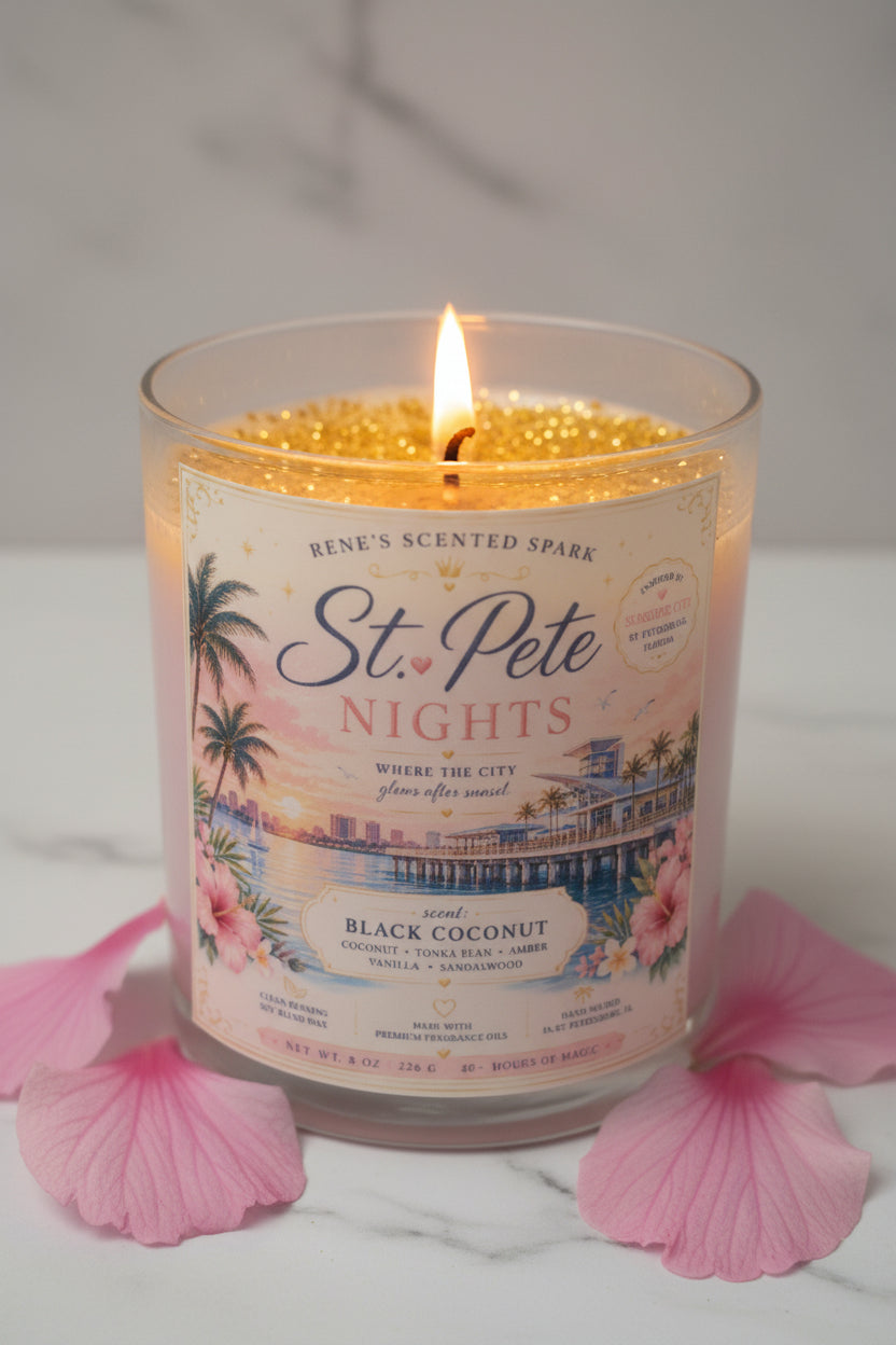 Candle labeled 'St. Pete Nights' with decorative design on a light blue background