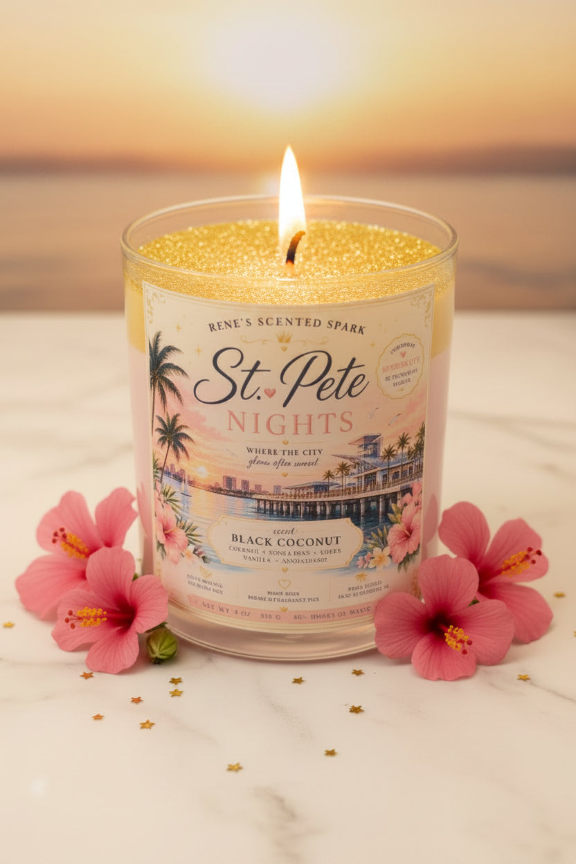 Candle labeled 'St. Pete Nights' with pink flowers on a light background