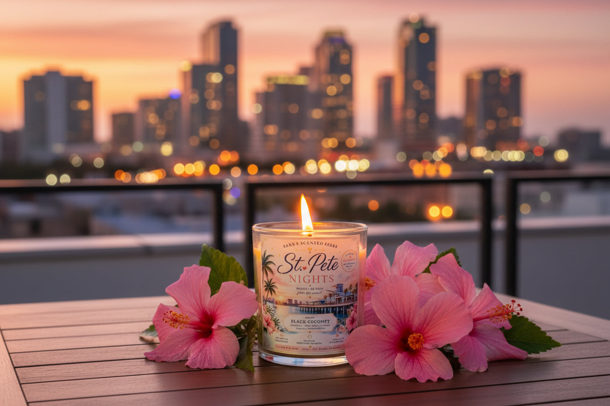 Candle in a glass container with a label on a blue sky background