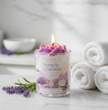 Scented candle labeled 'Serenity in Lavender' with a purple wax rose design is a spa setting