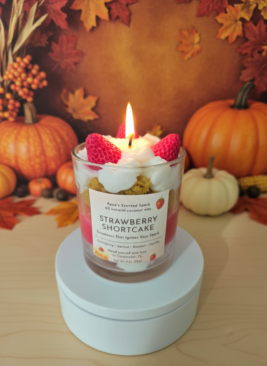 Strawberry shortcake candle with raspberries on top, surrounded by pumpkins and autumn leaves.