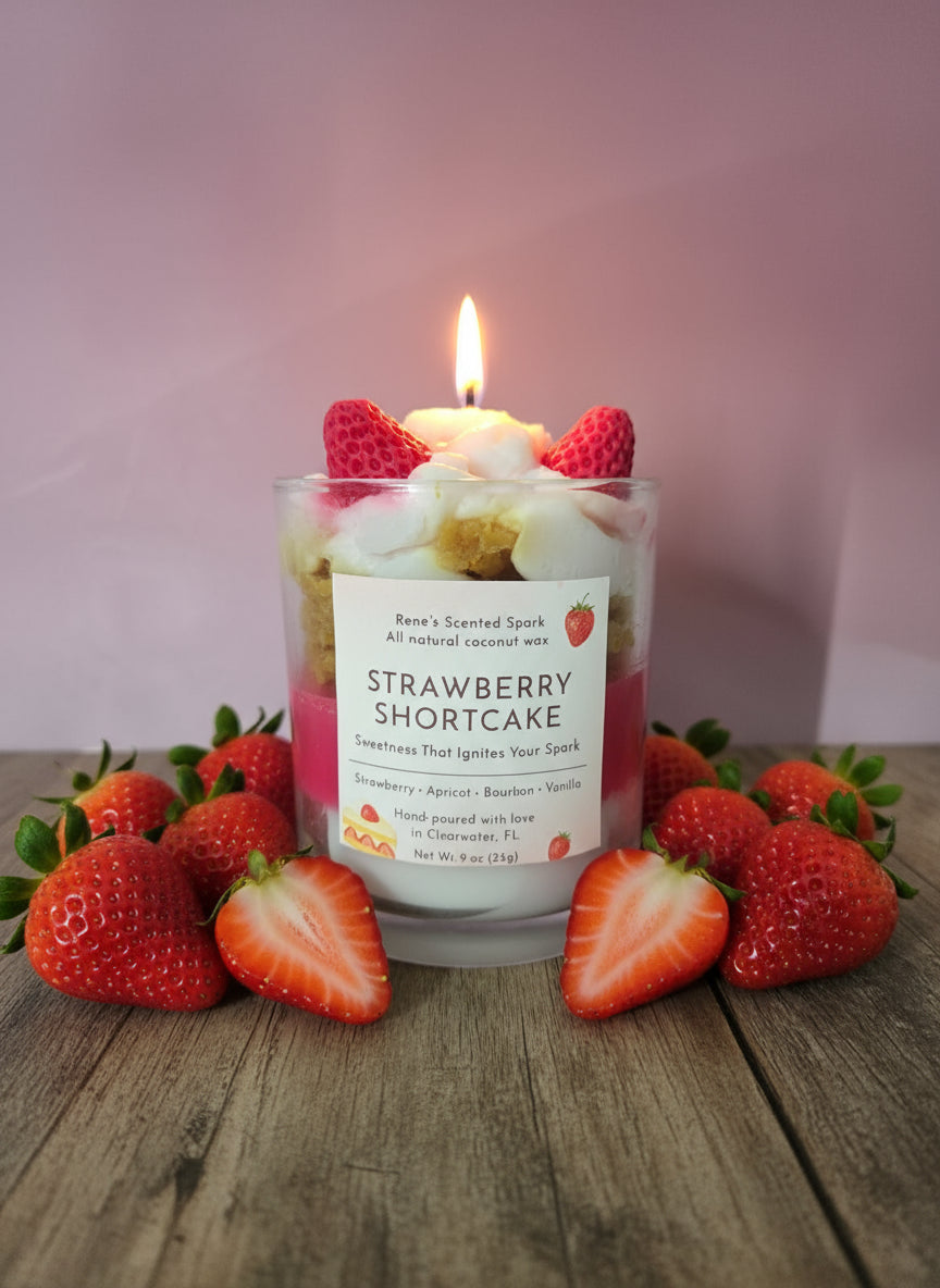 Strawberry Shortcake candle with strawberries on a wooden surface