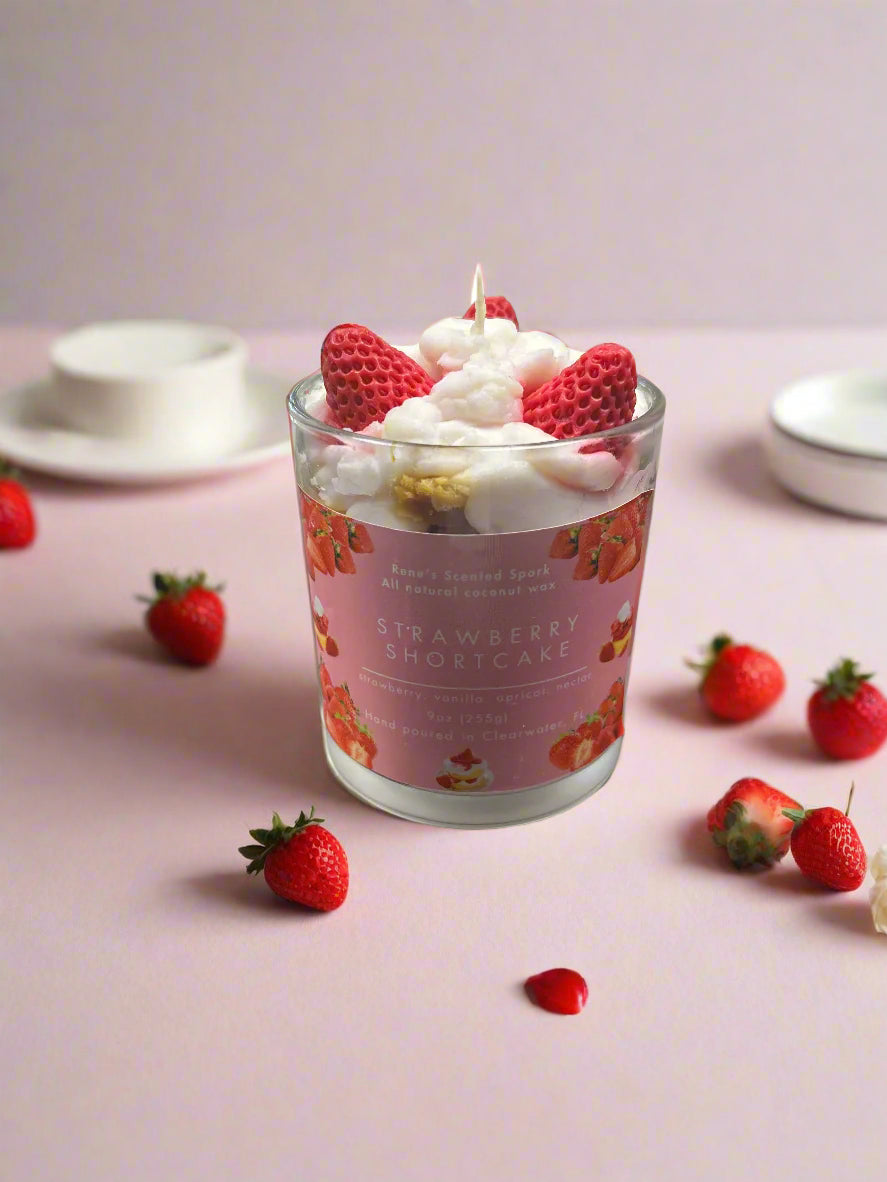 Strawberry Shortcake candle with whipped coconut wax and red strawberry embeds on top, hand-poured dessert-inspired gift candle with vanilla and apricot fragrance
