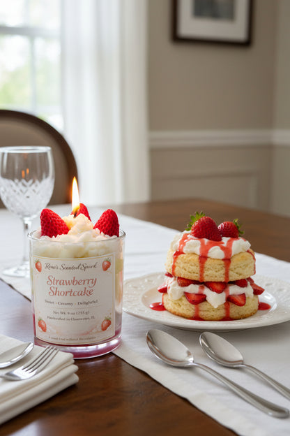Close-up of strawberry shortcake dessert candle with whipped wax, strawberry embeds, and layered coconut wax, burning in glass container
