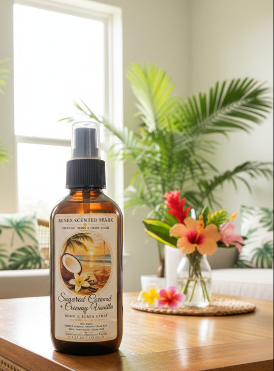 Sugared Coconut & Creamy Vanilla room spray by Rene’s Scented Spark in an amber spray bottle, displayed on a wooden table with tropical flowers, palm greenery, and warm natural sunlight.