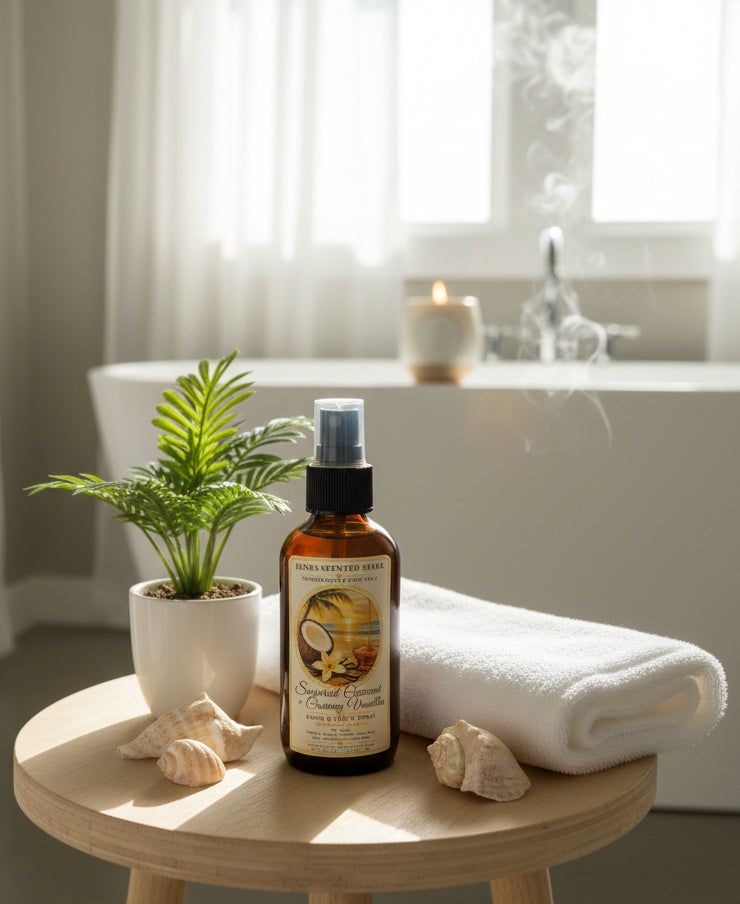 Sugared Coconut & Creamy Vanilla room spray by Rene’s Scented Spark displayed beside a white towel, seashells, and tropical greenery in a bright, relaxing bathroom setting.