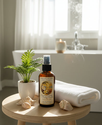Sugared Coconut & Creamy Vanilla room spray by Rene’s Scented Spark displayed beside a white towel, seashells, and tropical greenery in a bright, relaxing bathroom setting.