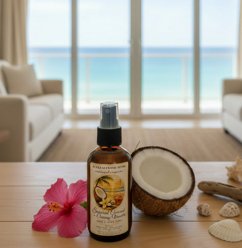 Sugared Coconut & Creamy Vanilla room spray by Rene’s Scented Spark in an amber spray bottle, styled with fresh coconut, pink hibiscus, seashells, and an ocean view in a bright coastal room.