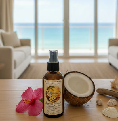 Sugared Coconut & Creamy Vanilla room spray by Rene’s Scented Spark in an amber spray bottle, styled with fresh coconut, pink hibiscus, seashells, and an ocean view in a bright coastal room.