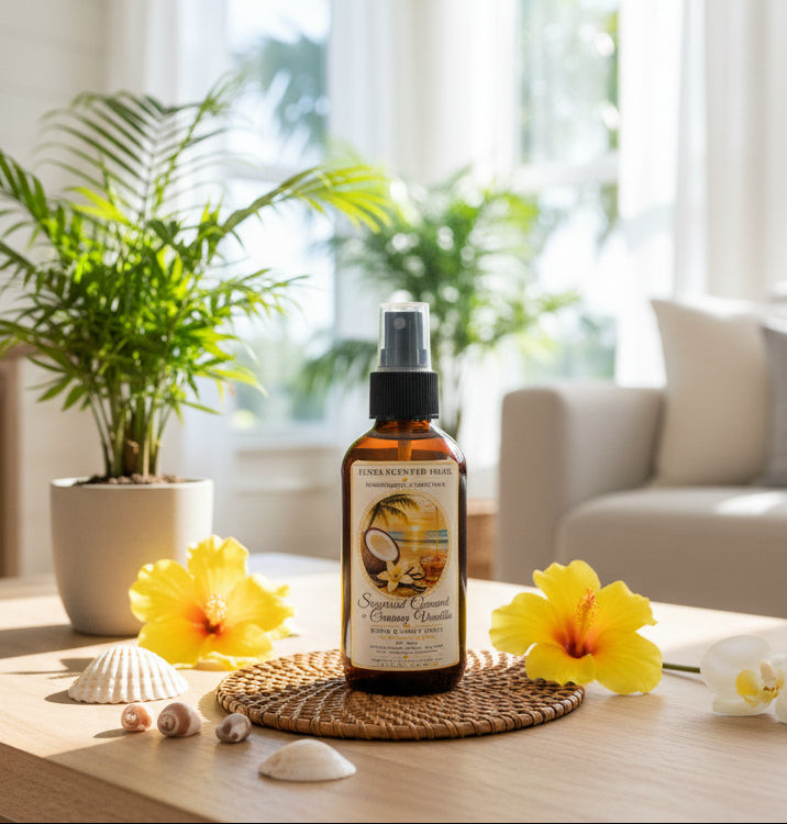 Sugared Coconut & Creamy Vanilla room spray by Rene’s Scented Spark in an amber spray bottle, styled with yellow tropical flowers, seashells, and lush green palms in a bright, sunlit room.