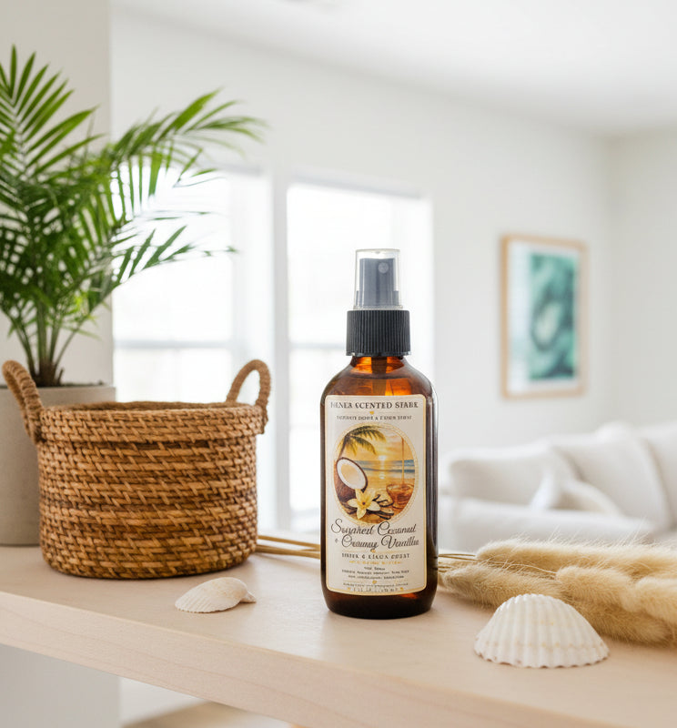 Sugared Coconut & Creamy Vanilla room spray by Rene’s Scented Spark in an amber spray bottle, styled with seashells, a woven basket, tropical greenery, and soft neutral décor in a bright coastal-inspired room.