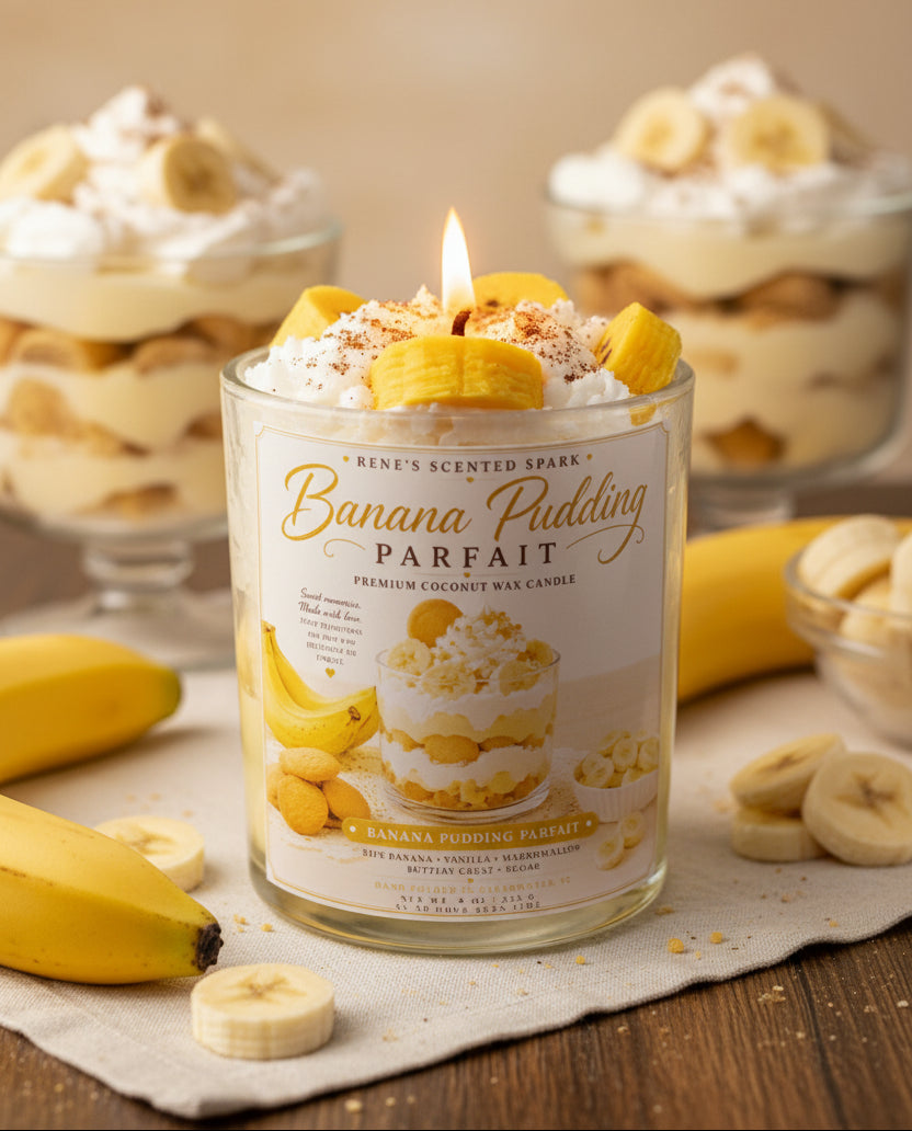 Banana pudding candle with banana slices on top, surrounded by bananas and a dessert in the background.