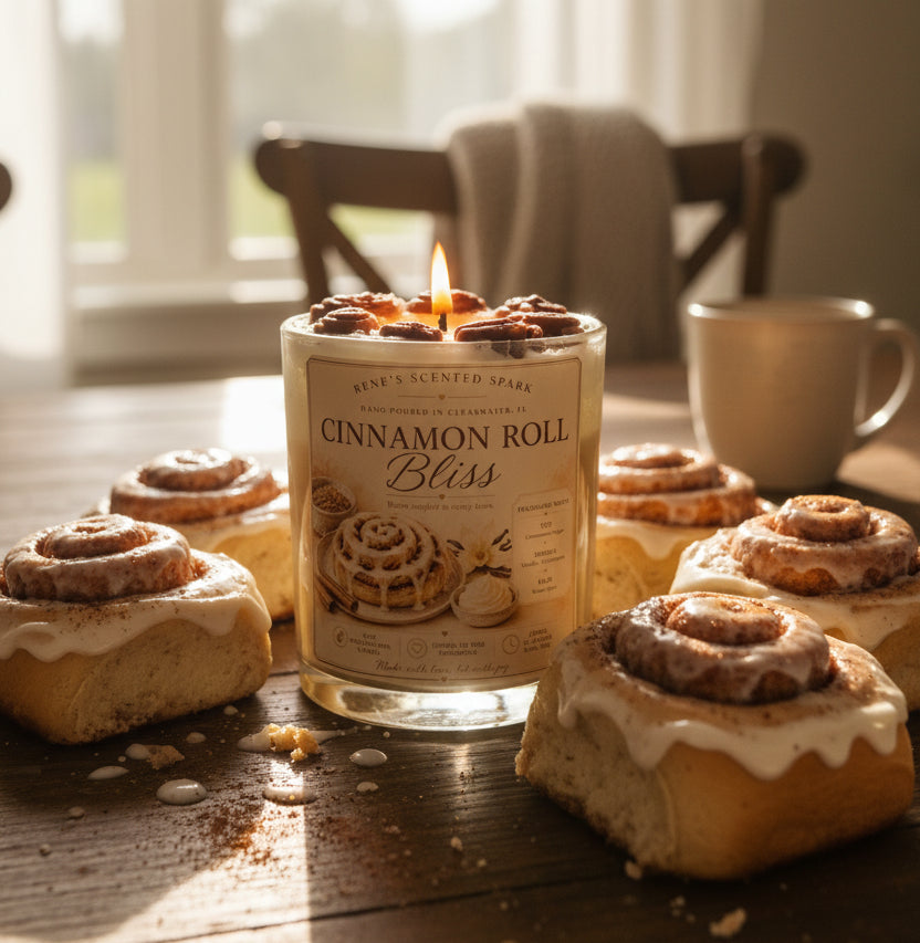 Candle labeled 'Cinnamon Roll Bliss' by Rene's Scented Spark on a wooden surface.