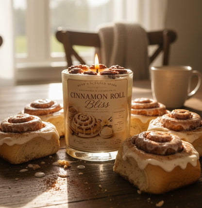 Candle labeled 'Cinnamon Roll Bliss' by Rene's Scented Spark on a wooden surface.