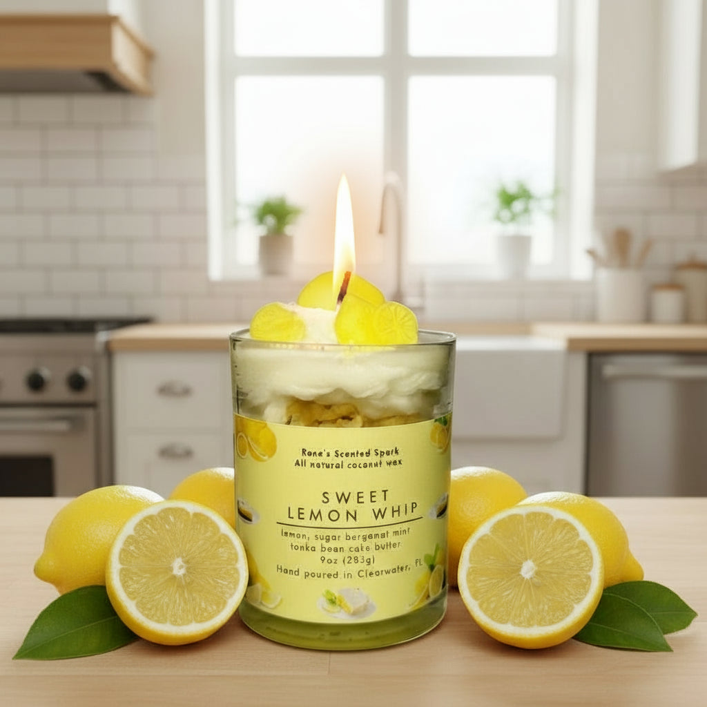 Sweet Lemon Whip candle glowing on a kitchen counter beside lemons.