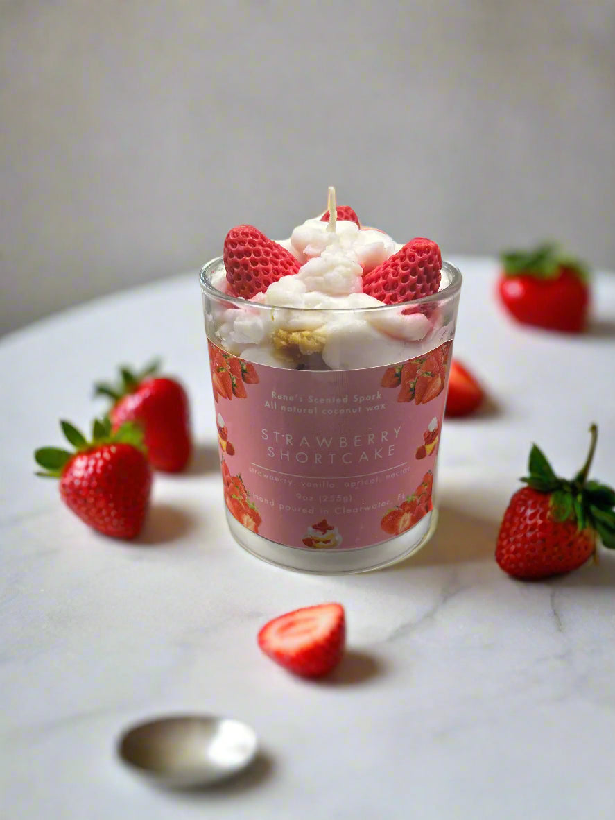 Strawberry Shortcake candle with whipped coconut wax and red strawberry embeds on top, hand-poured dessert-inspired gift candle with vanilla and apricot fragrance