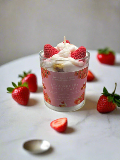Strawberry Shortcake candle with whipped coconut wax and red strawberry embeds on top, hand-poured dessert-inspired gift candle with vanilla and apricot fragrance