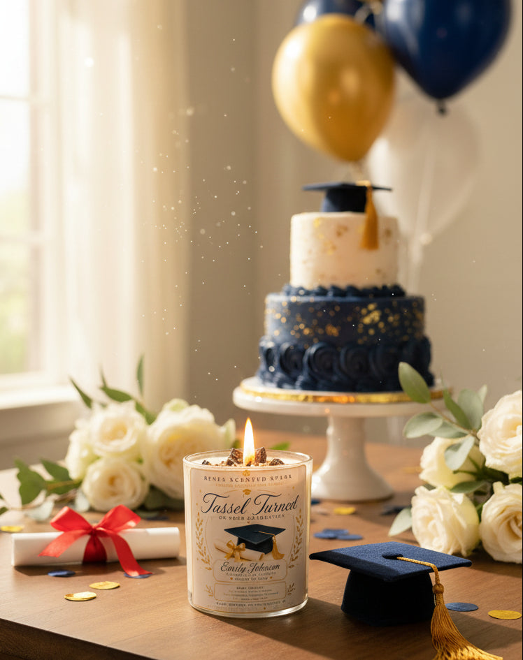 Personalized Tassel Turned graduation candle displayed with a graduation cake, graduation cap, diploma, white roses, and celebration décor. Premium coconut wax candle gift for high school, college, nursing, medical, law, and trade school graduates.