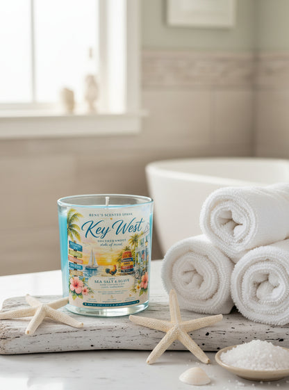 Key West coastal candle lifestyle shot — Florida-inspired sea salt, agave and driftwood scented coconut wax candle