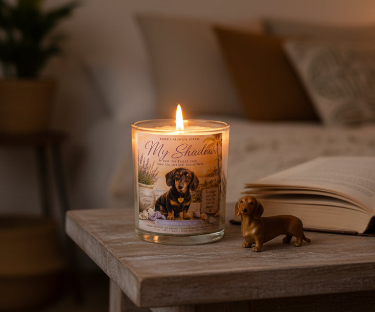 Candle with a dog-themed label on a wooden table next to an open book and a small dog figurine.