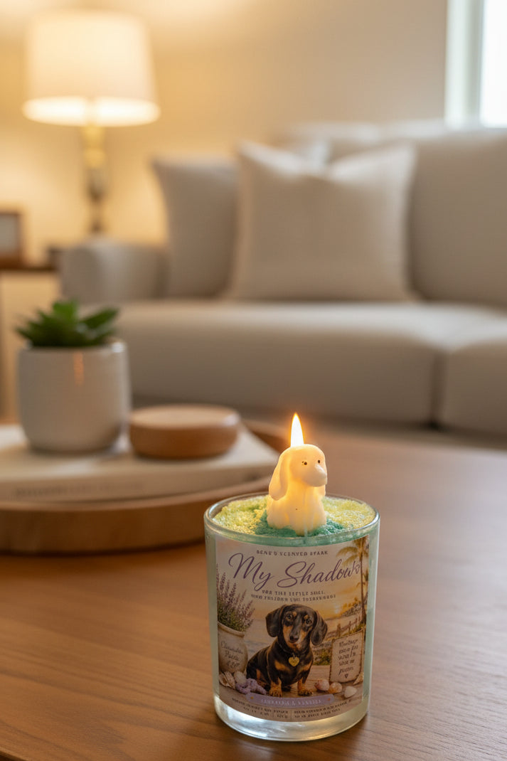 Candle with a dog-shaped wick on a table in a living room setting